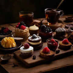 Various desserts on a wooden table