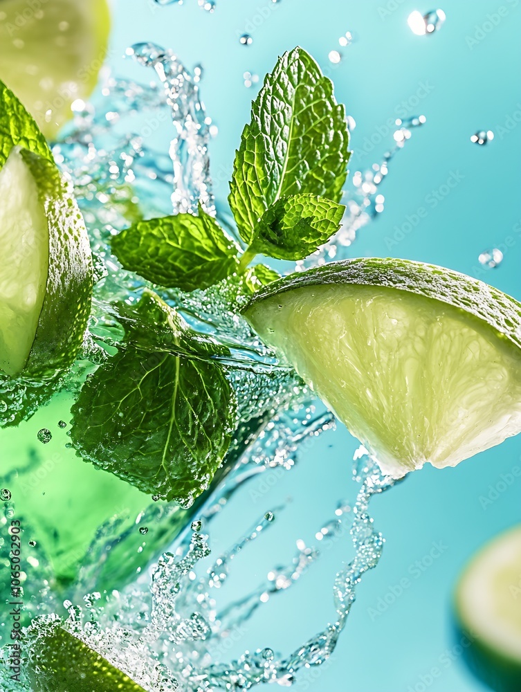 Aufkleber Refreshing Drink with Lime Wedges and Mint Splash in Sparkling Water on Blue Background : Generative AI
