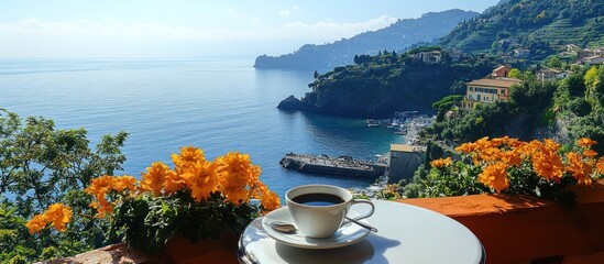 Obraz premium Coffee with a View: Relaxing Italian Coastal Escape