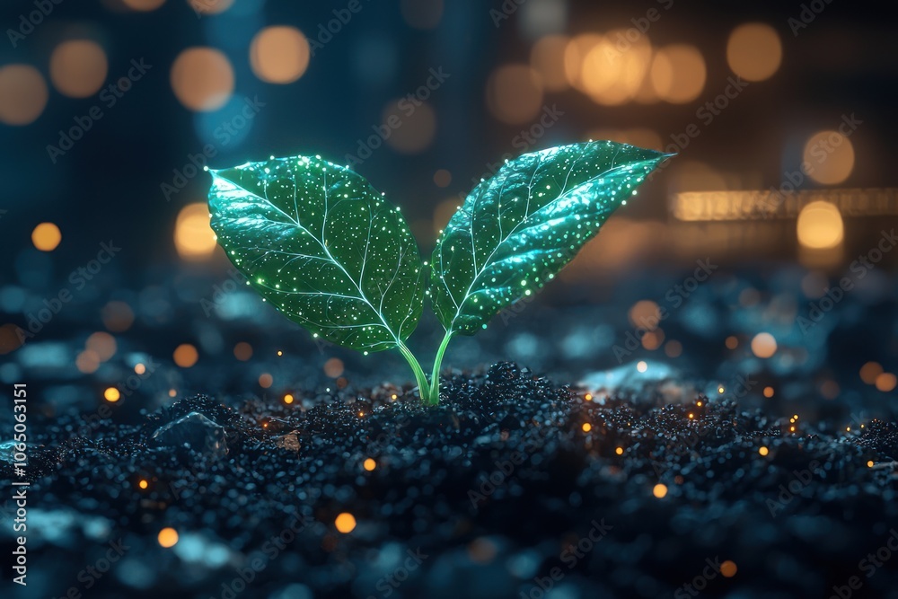 Poster A glowing green sprout emerging from dark soil with a bokeh background