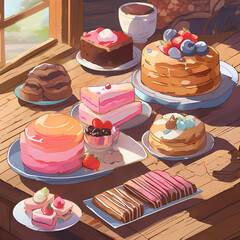 Various desserts on a wooden table
