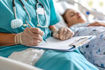 A nurse is writing on a clipboard next to a patient
