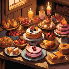 Various desserts on a wooden table