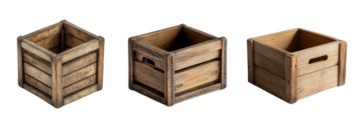 Set of miniature wooden crate for small items isolated on a transparent background