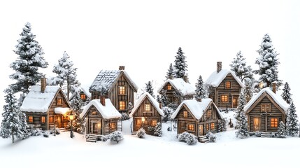 Fototapeta premium Charming snow-covered houses illuminated in a winter wonderland, creating a cozy and festive atmosphere.