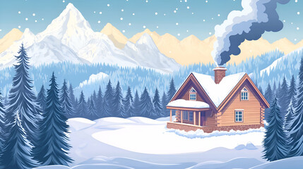Fototapeta premium A cozy cabin nestled in a snowy mountain forest with smoke rising from the chimney.