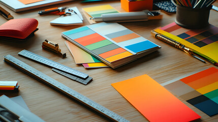 A designer's desk with color swatches, rulers, and pencils.