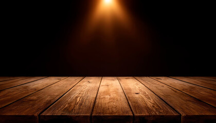 Background of a rustic wooden plank table illuminated by a warm, central spotlight in a dark empty environment. Ideal for showcasing products with a focus on vintage, elegant and cozy aesthetics