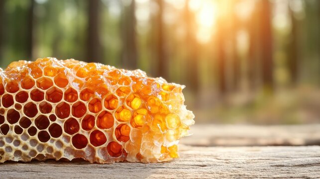 A perfectly formed honeycomb glistens as warm sunlight streams over it, showcasing both the intricate beauty and the sweetness of nature's creations.