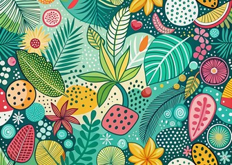 Abstract Tropical Background with Hand-Drawn Doodles, Circles, and Dots for Cards, Posters, Postcards, and Banners - Colorful and Creative Design Elements