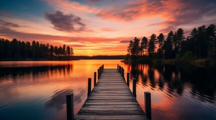 Obraz premium Sunset view of a tranquil lake, featuring vibrant orange and pink skies reflected in the calm water