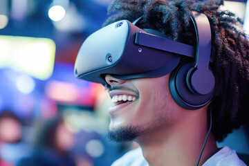 A man smiles brightly while wearing a VR headset, symbolizing immersive technology and joyful experiences. 