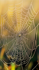 A spider web covered in dew drops, with a blurry background of nature.