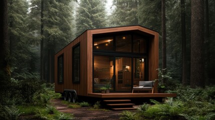 A sleek modern tiny house featuring large windows, is beautifully situated in a dense, verdant forest, offering simplicity and a deep connection to nature&rsquo;s greenery.