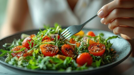 Close-up of a Hand Using a Fork to Eat a Salad with Tomatoes, Arugula, and Sesame Seeds