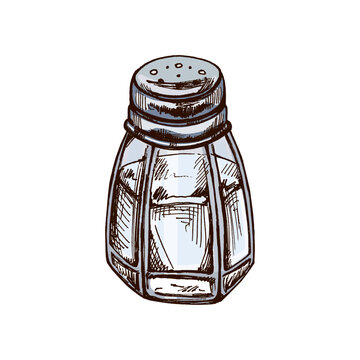 recommend clip art: Hand-drawn colored  sketch of glass salt shaker with metal lid. Vintage drawing of salt shaker. Vector black ink outline food sketch illustration. Food, cuisine. An illustration for the menu.