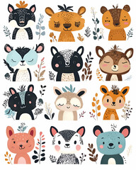 Adorable cartoon animal faces with floral elements.