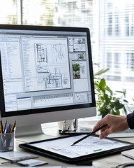 Architect using digital tablet and computer to design a blueprint.