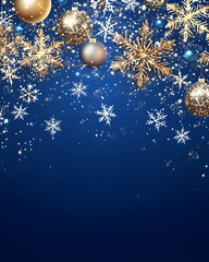 Fototapeta premium Blue and Gold Christmas Background with snowflakes and ornaments.