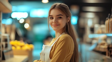Smiling Young Woman in Coffee Shop with Apron and Modern Light Decor : Generative AI
