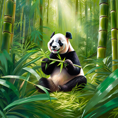 A panda eating bamboo in a forest
