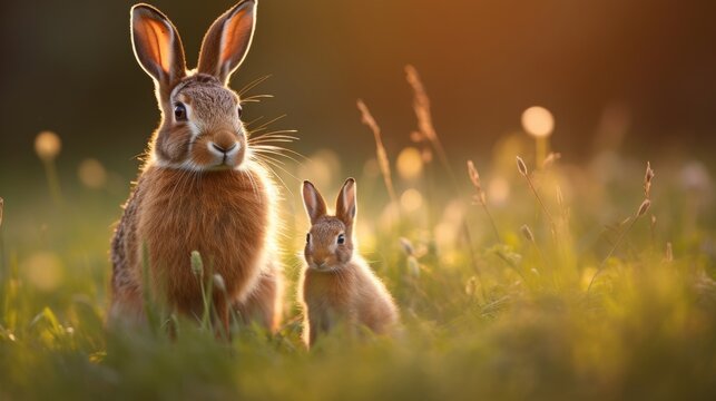 a graceful hare mother stands protectively beside her tiny leveret