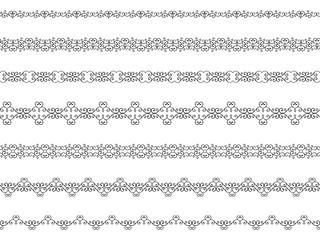 Obraz premium Black elegant ribbon silhouettes, isolated on a white background. Seamless lace border, different horizontal edge ornaments. Vector set of stripe edging patterns for wedding invitation, greeting card