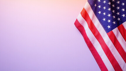 Fototapeta premium American flag waving against a pastel lavender background.