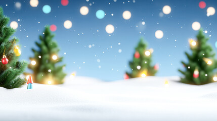 A Christmas scene with a snow-covered ground and three trees with lights on them