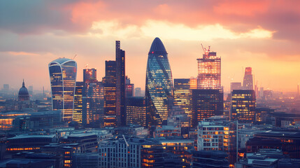 Fototapeta premium London skyline at sunset with skyscrapers and buildings in the distance.