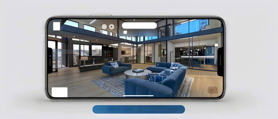 Phone screen shows virtual tour of home, modern living room, sleek furnishings and large windows