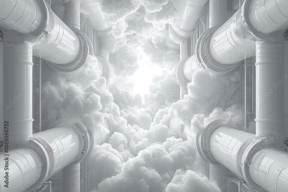Poster White Pipes Intersecting with Clouds and Light