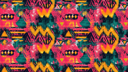 Vibrant seamless pattern featuring red bohemian designs green tribal brush strokes and pink geometric textures ideal for textile and wallpaper applications