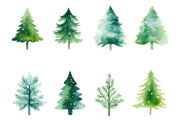 Obraz premium Watercolor illustrations of green Christmas trees with snow dots, isolated on white background. Concept: winter holiday, festive.