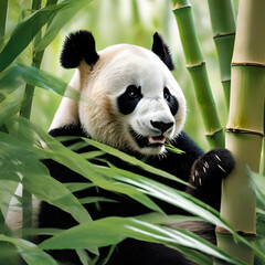 A panda eating bamboo in a forest