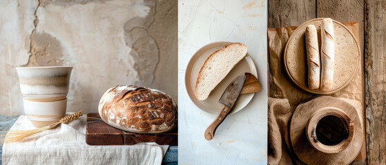 Three images of freshly made bread, art and craft concept, rustic atmosphere