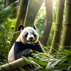 A panda eating bamboo in a forest