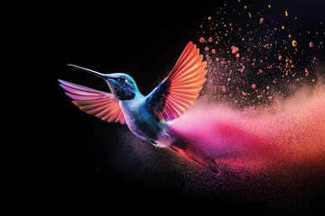 
Abstract, colorful hummingbird made of powder on a black background. A colorful bird flying in the dark, with a glowing neon effect