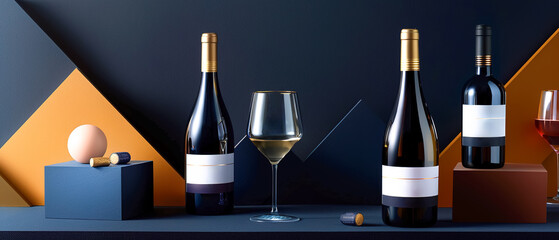 Luxurious mock-up wine bottles with white labels, glasses, warm and cozy light, geometric shapes