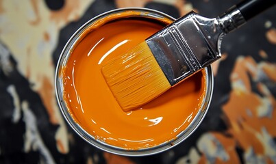 A paintbrush resting in a can of orange paint, with a close-up view of the brush and paint.