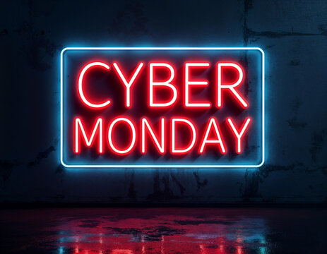 Red neon Cyber Monday text sign on dark wall. Online shopping and sale concept.  Image for banner, promotion and sale advertising with copy space.