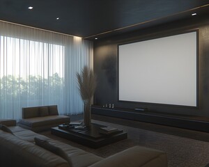 Modern Living Room with Large Screen Projector and Natural Light