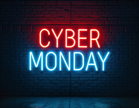 Red neon Cyber Monday text sign on dark wall. Online shopping and sale concept.  Image for banner, promotion and sale advertising with copy space.