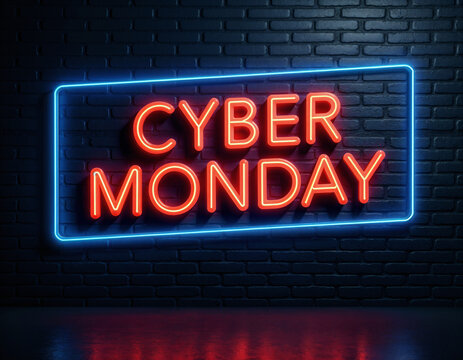 Red neon Cyber Monday text sign on dark wall. Online shopping and sale concept.  Image for banner, promotion and sale advertising with copy space.