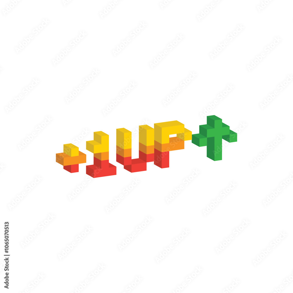 Poster isometric level up button 8 bit text level up Pixel art 8-bit for game you win
