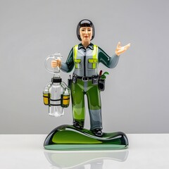 Elegant glass sculpture of a professional pest control technician in a green uniform, embodying diligence and safety in pest management, generative ai