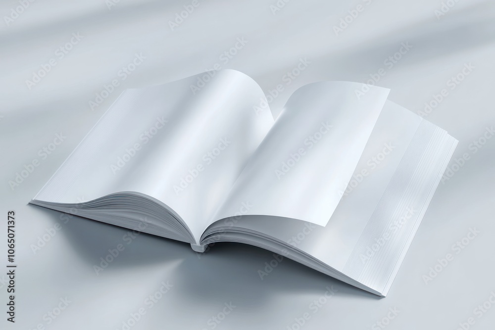 Poster open blank book with pages turned back on white surface