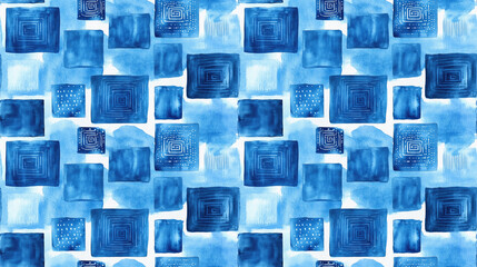 Watercolor blue seamless pattern featuring doodle elements and symmetrical squares ideal for wrapping paper and fabric design