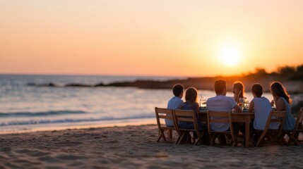 Obraz premium Family and Friends Enjoy Dinner by the Beach at Sunset