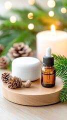 A bottle of essential oil is on a wooden table next to a jar of nutmeg